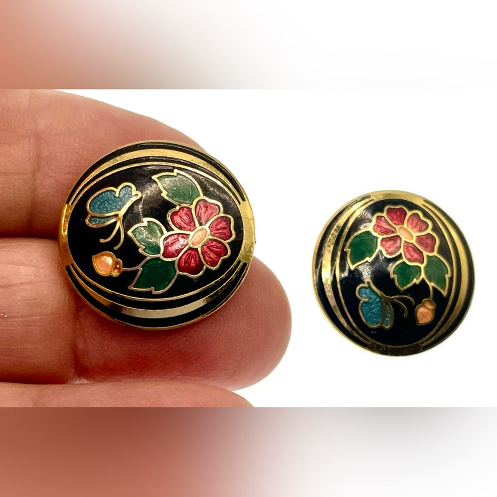 3 for $30 VTG 1980s Cloisonne Red Black Floral Flower Butterfly Clip On Earrings - Picture 3 of 7